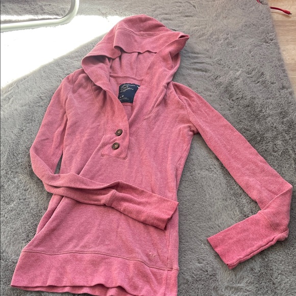American Eagle Outfitters Tops - American Eagle Outfitters Pink Waffle Knit Hooded Pullover